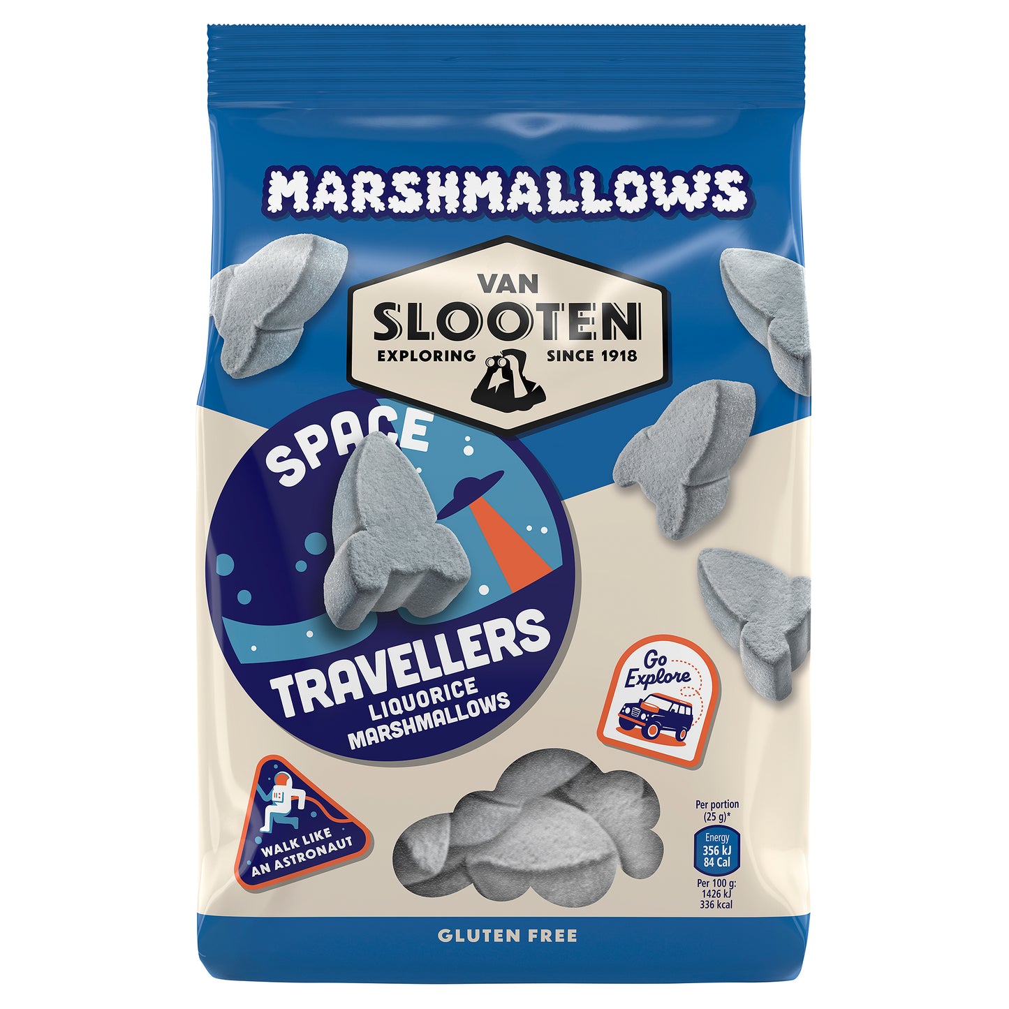 CASE OF 10 SPACE TRAVELLERS LIQUORICE MARSHMALLOWS 250g