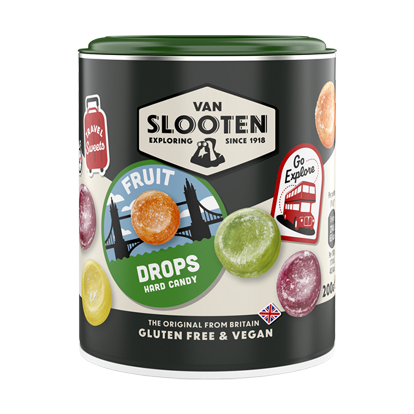 A tin container of Van Slooten Fruit Drops hard candy, indicating gluten free and vegan friendly options.
