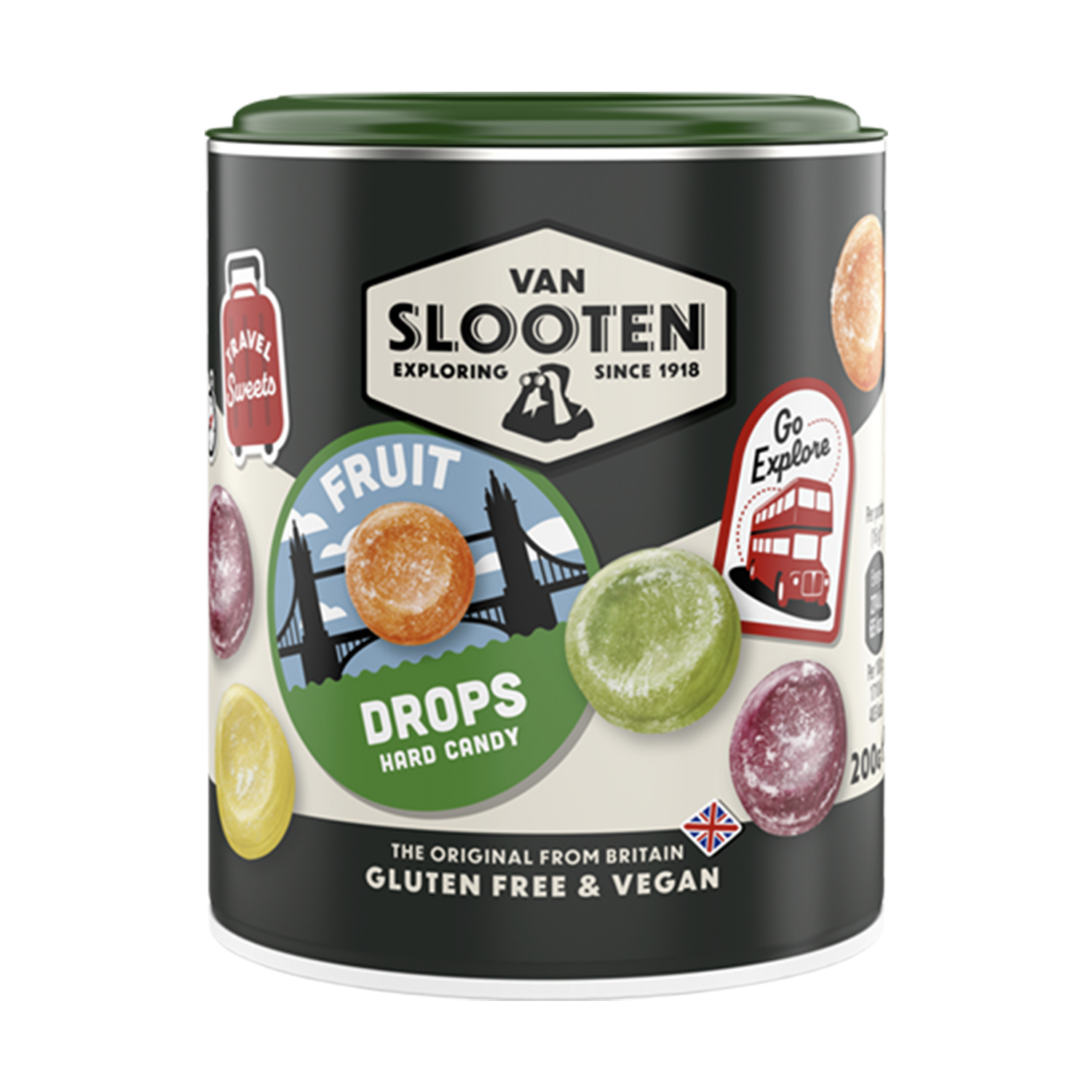 A tin container of Van Slooten Fruit Drops hard candy, indicating gluten free and vegan friendly options.