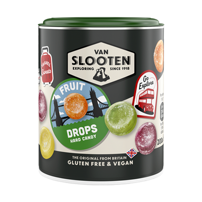 A tin container of Van Slooten Fruit Drops hard candy, indicating gluten free and vegan friendly options.