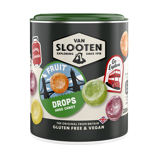 A tin container of Van Slooten Fruit Drops hard candy, indicating gluten free and vegan friendly options.
