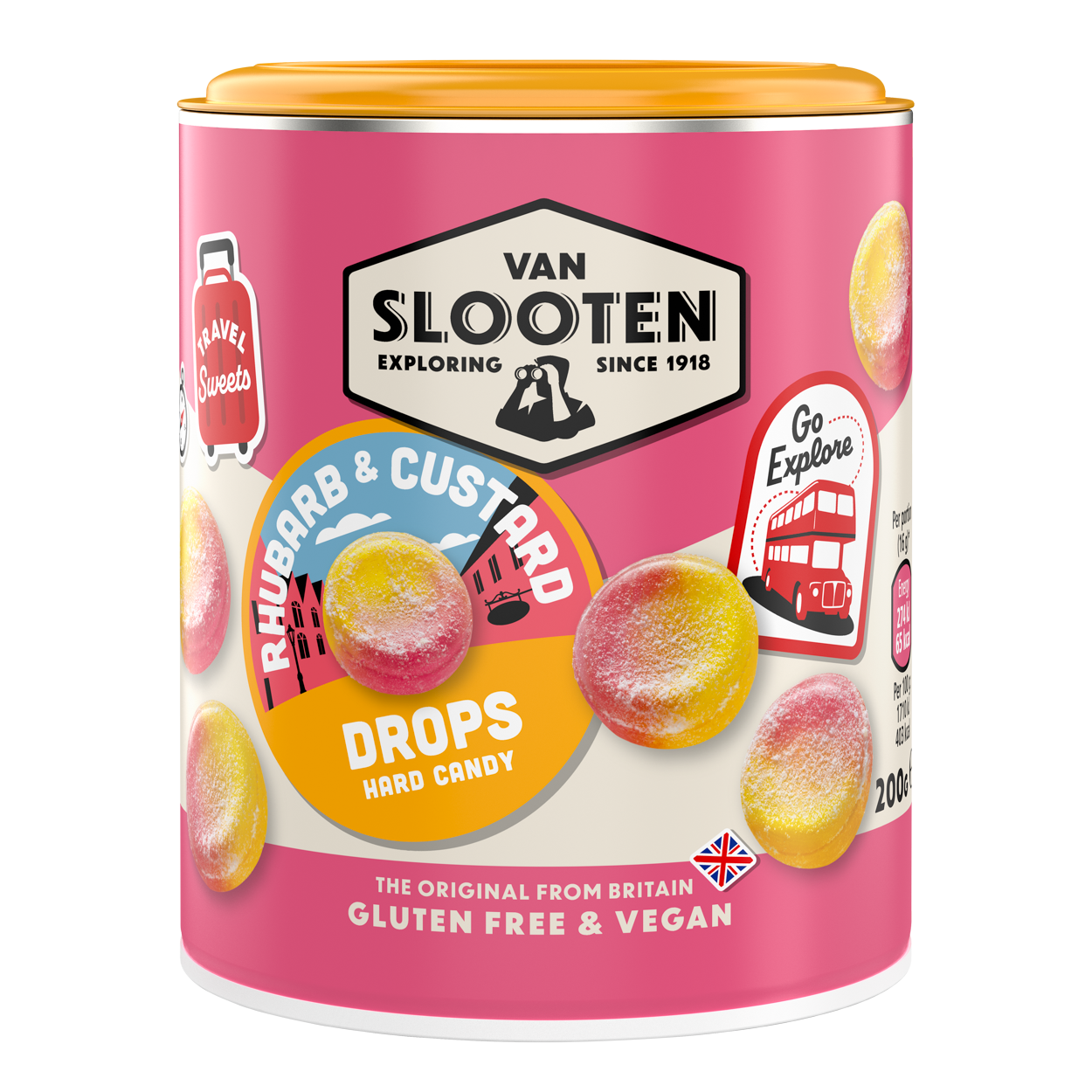 A can of Van Slooten Rhubarb & Custard Drops hard candy, indicating the product is gluten free and vegan.