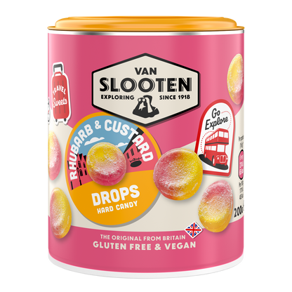 A can of Van Slooten Rhubarb & Custard Drops hard candy, indicating the product is gluten free and vegan.