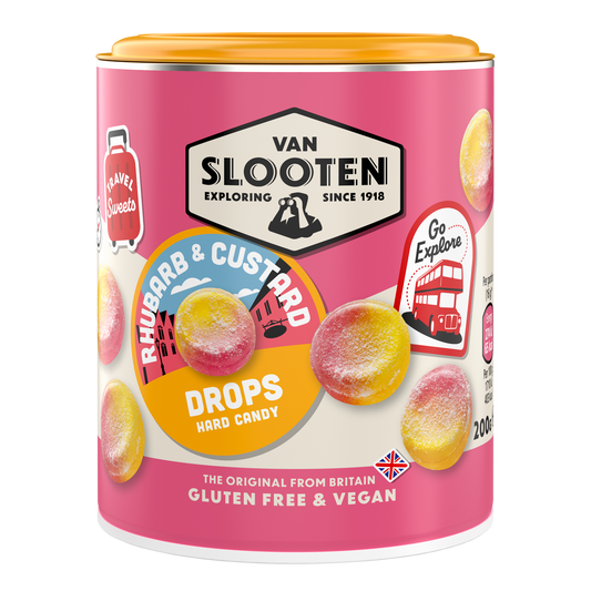A can of Van Slooten Rhubarb & Custard Drops hard candy, indicating the product is gluten free and vegan.